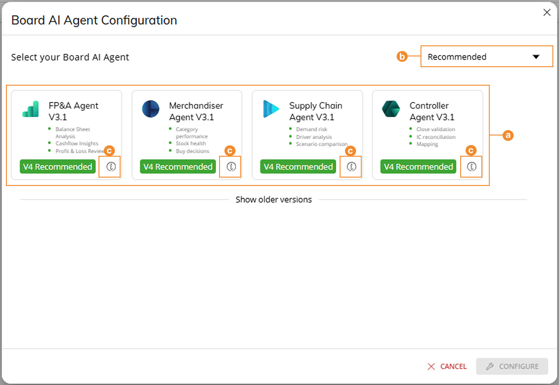 Configuration options for various Board AI Agents with recommended versions highlighted.